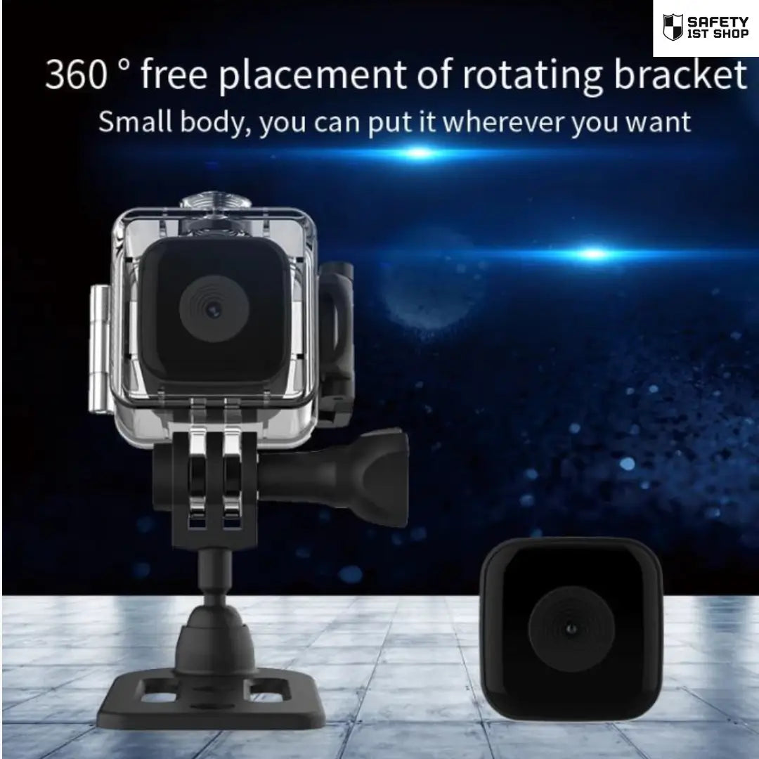 Mini action camera with and without waterproof case floating in a blue cosmic background, showcasing 360-degree free placement and small compact body for versatile use.