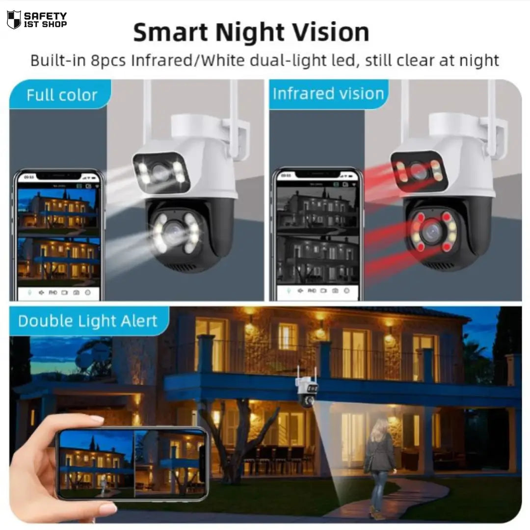 4K AI-Watch camera with Smart Night Vision, featuring Full Color, Infrared Vision, and Double Light Alert modes, clearly visible even at night with 8 infrared/white dual-light LEDs