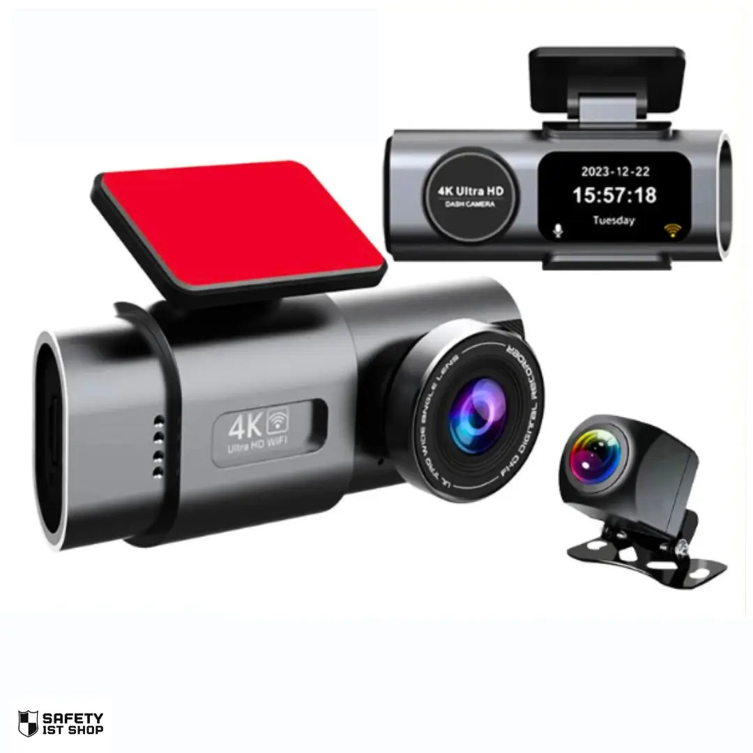 Compact 4K road guardian camera set with front, interior, and rear lenses for complete driving safety