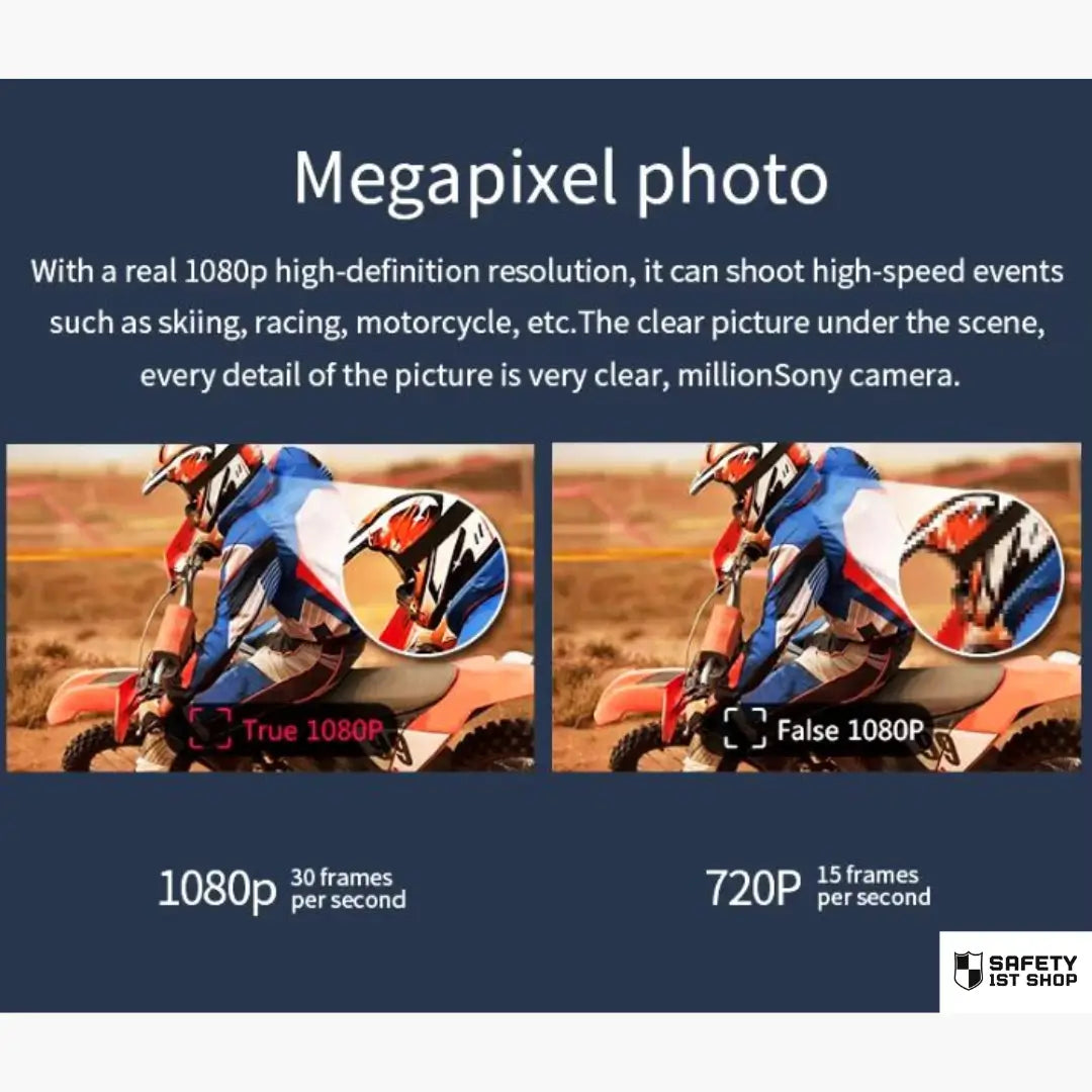 Side-by-side comparison of motocross rider in desert terrain, showing clear 1080p HD video quality versus low-quality footage, captured by mini action camera with megapixel Sony sensor