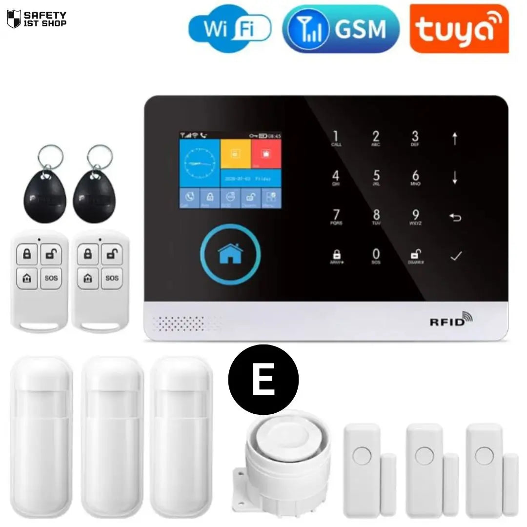 Smart home security system with a focus on motion detection – featuring three PIR detectors, three door sensors, a siren, two remote controllers, and two RFID tags, with WiFi, GSM, and Tuya integration.