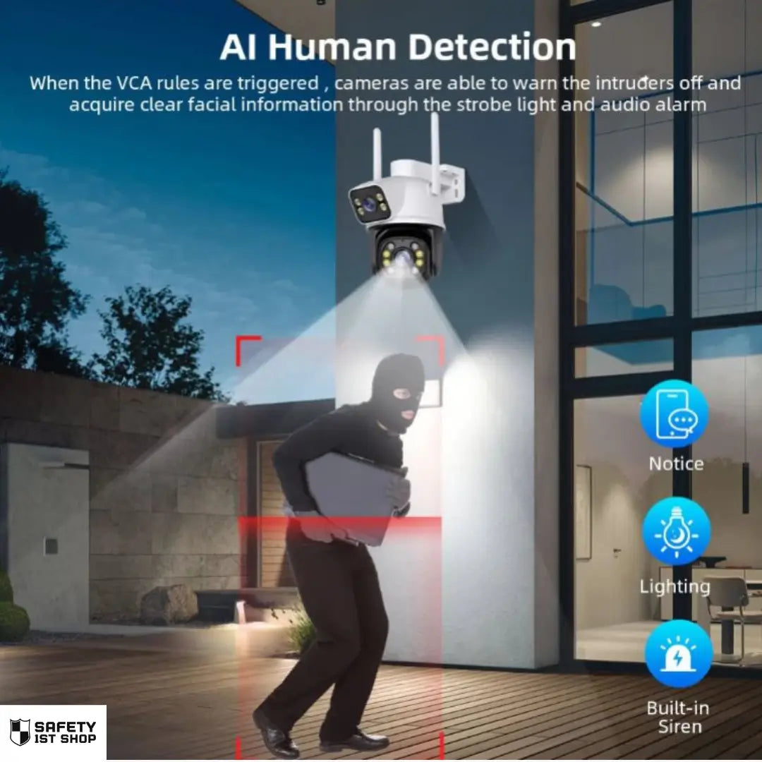 AI Human Detection feature in action, capturing an intruder attempting to break in, with notice, lighting, and built-in siren alerts displayed