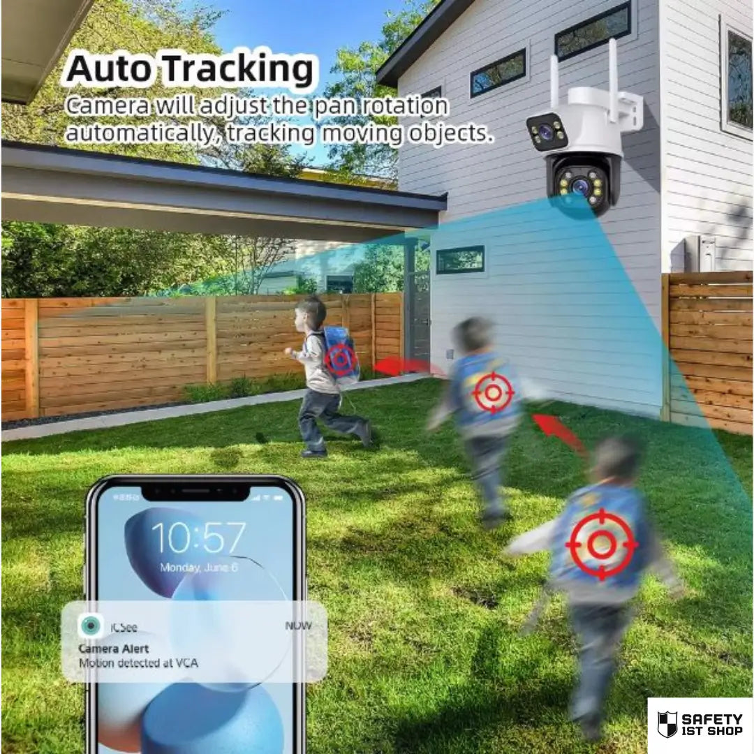 Smart surveillance camera automatically adjusting pan rotation to track moving child in garden, with real-time phone alert notification