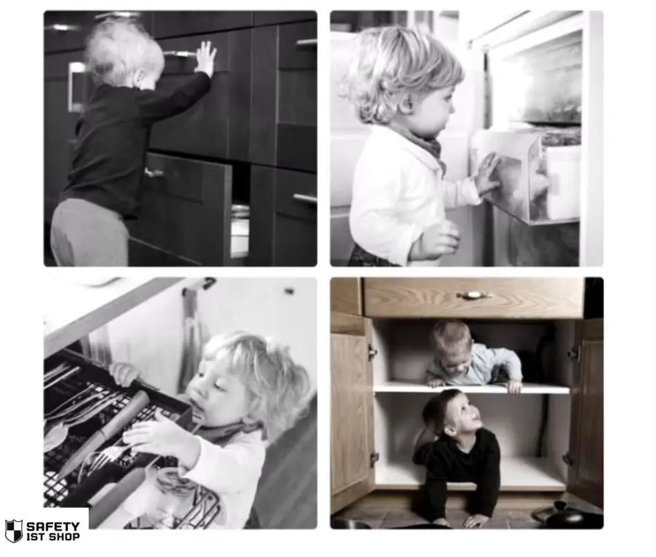 Babies exploring household areas like drawers, shelves, and cabinets – visual reminder of child safety risks in everyday spaces