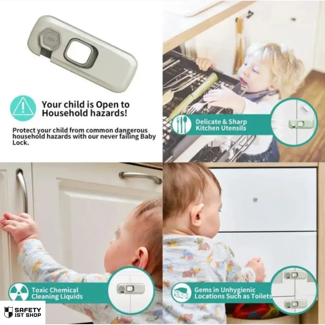 Visual warning about household hazards for babies – dishwasher, toxic cabinet, and unsafe shelves shown with baby safety message