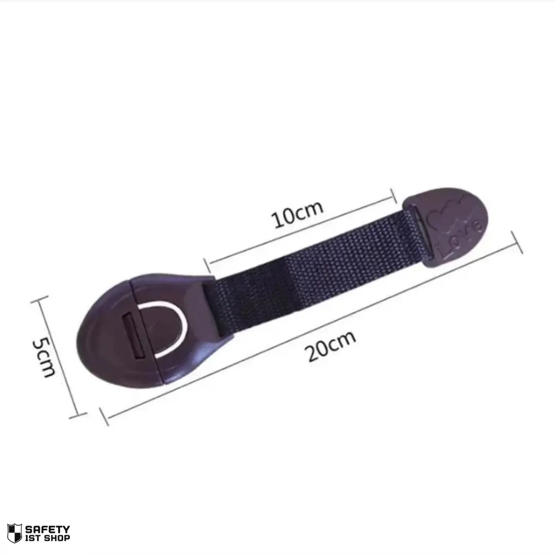 Brown baby safety lock with product dimensions - childproof latch white size reference