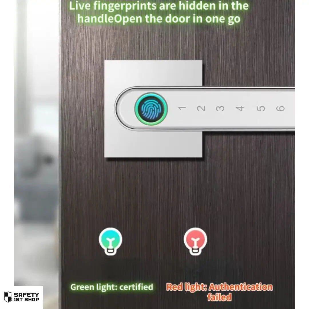 Silver biometric door lock showing access granted and denied lights on mounted surface