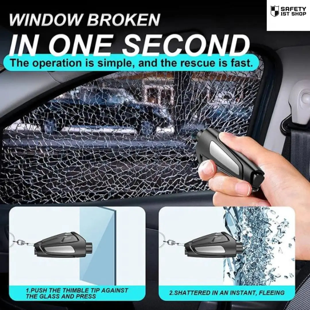 Emergency escape tool shatters a car window instantly. A human hand demonstrates use, two steps illustrate fast and safe evacuation.