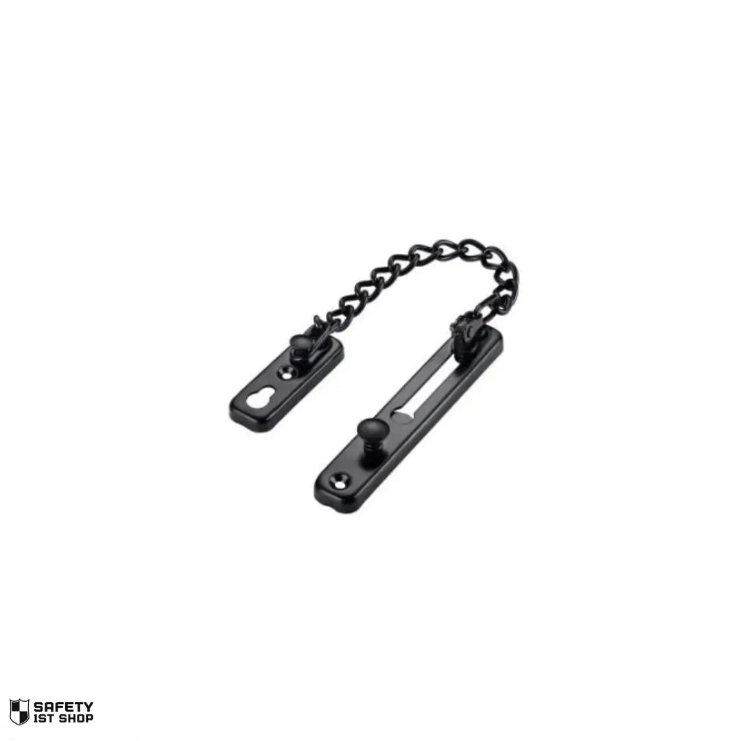 Sleek black stainless steel chain lock for door security, displayed on a minimalist white background