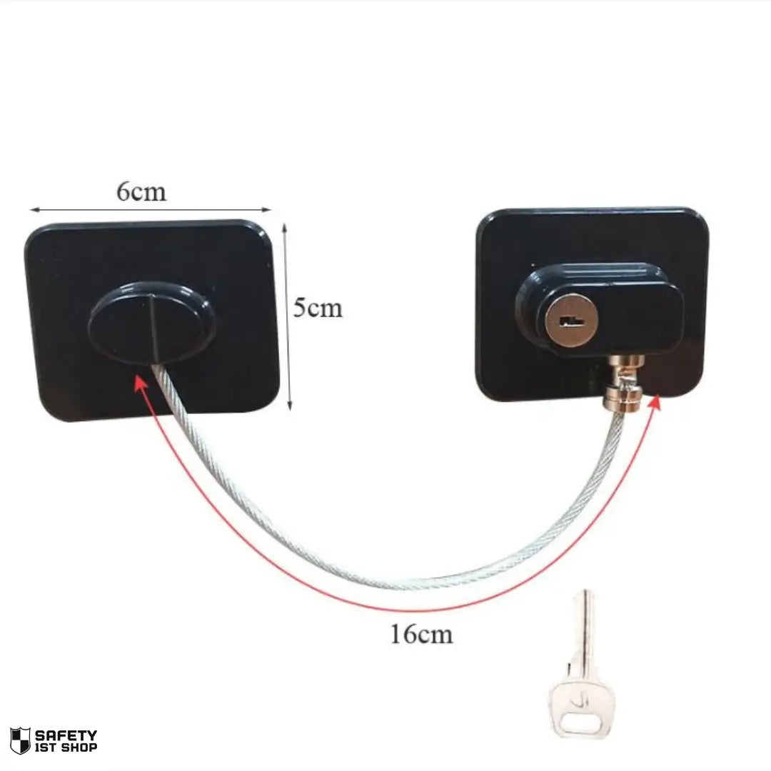 black version of child safety lock with key, product dimensions shown on white background, strong and compact locking solution