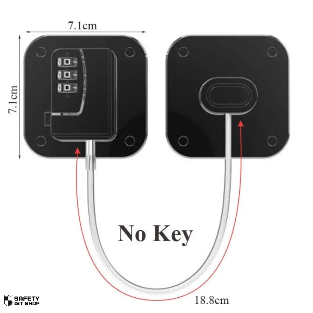 black child lock with numeric combination code, shown with size dimensions on white background, protective and durable build