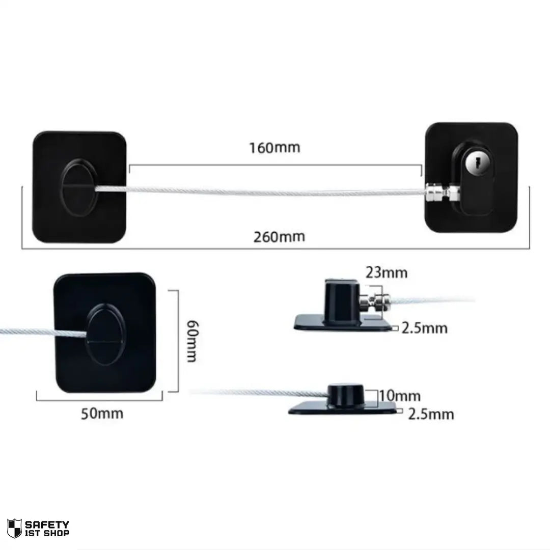 Black key-based safety lock shown on white background with detailed product dimensions for informational reference