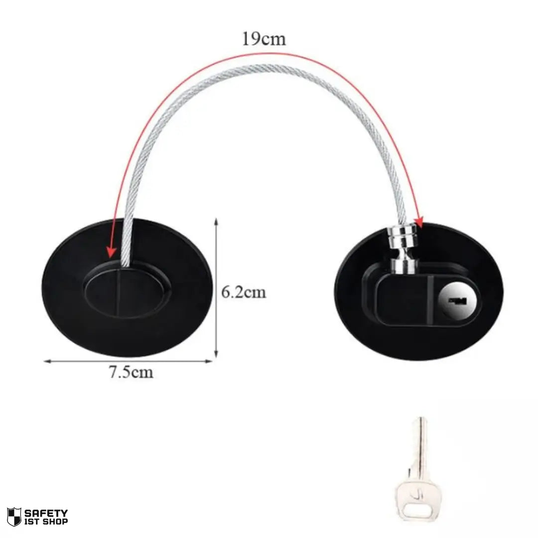 black baby safety lock with key access, alternate design version, displayed with product dimensions on white background