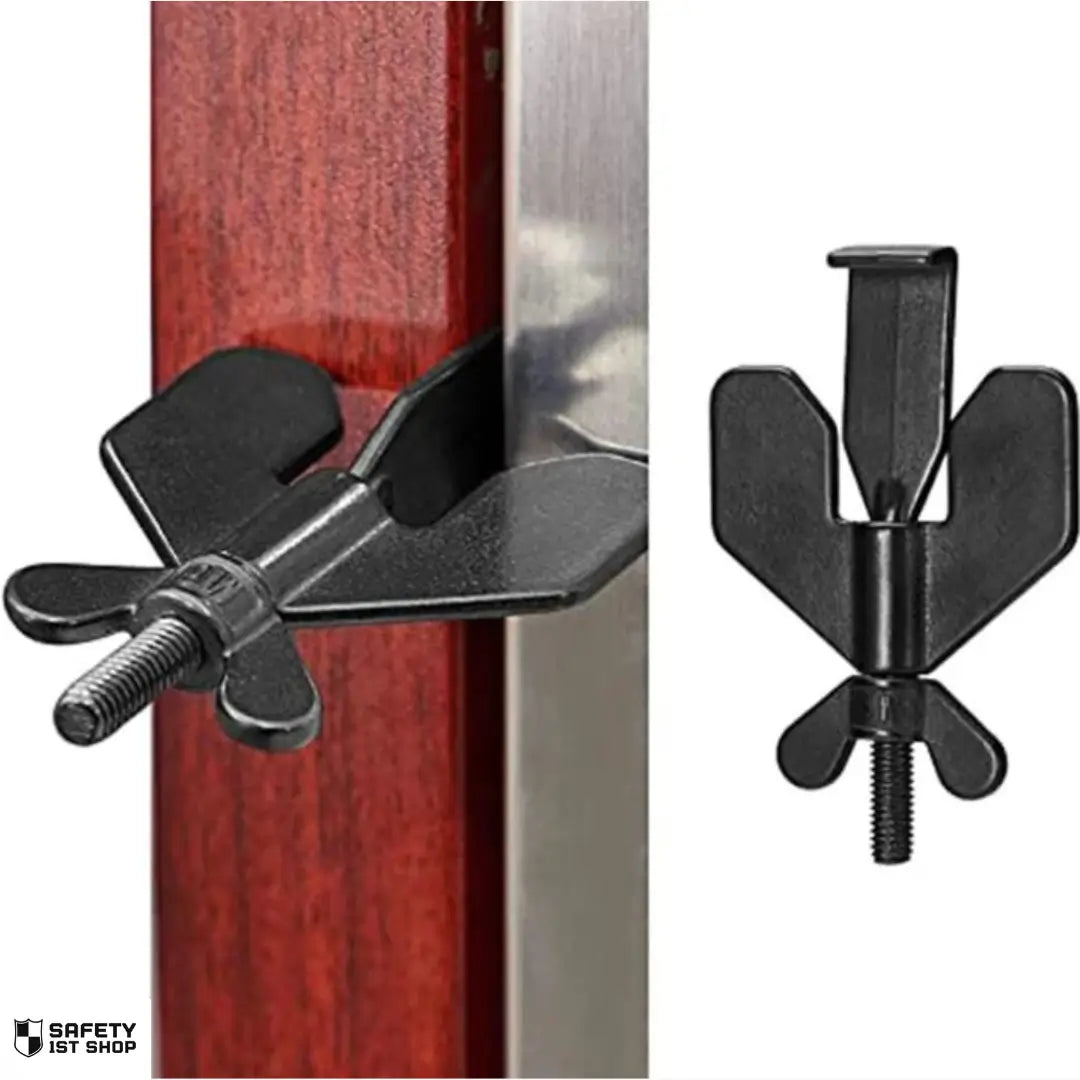 Black portable travel door lock installed on a door, with separate product view on white background