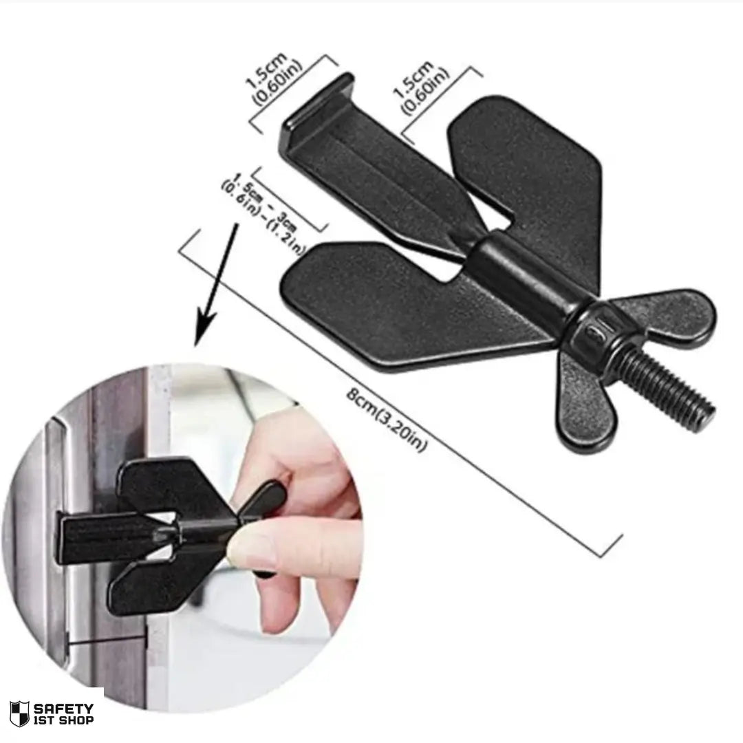 Black self-defense door lock displayed on white background with size dimensions shown