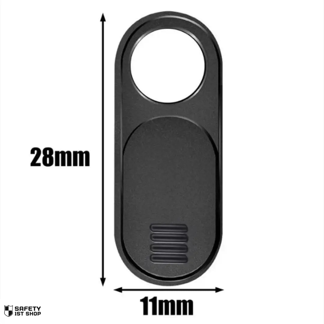 Black webcam privacy cover with product dimensions displayed on white background