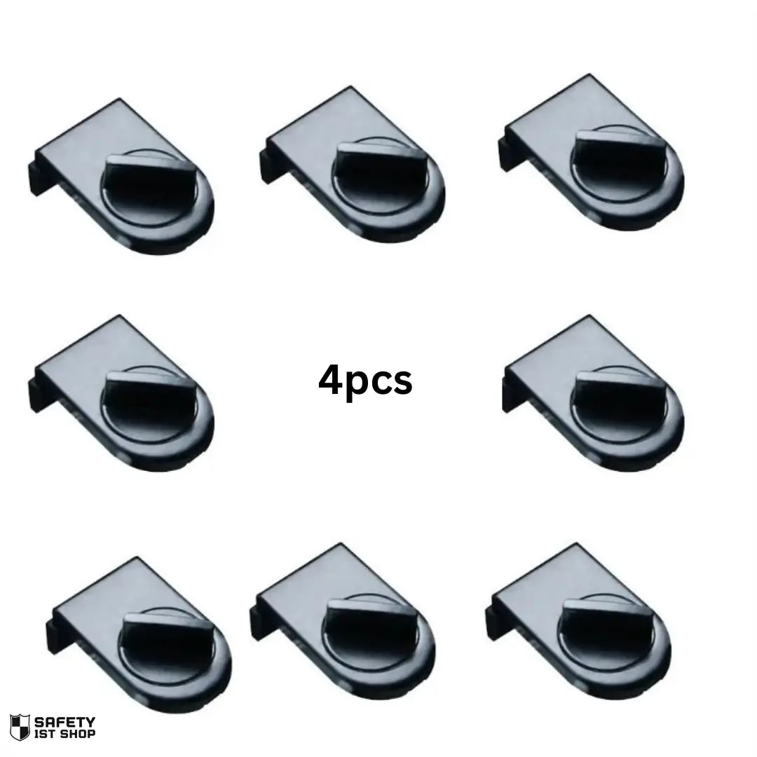 Four-piece black window lock set for enhanced child safety and window security. Perfect for securing multiple windows in your home. Presented on a clean white background for a modern and sleek look.