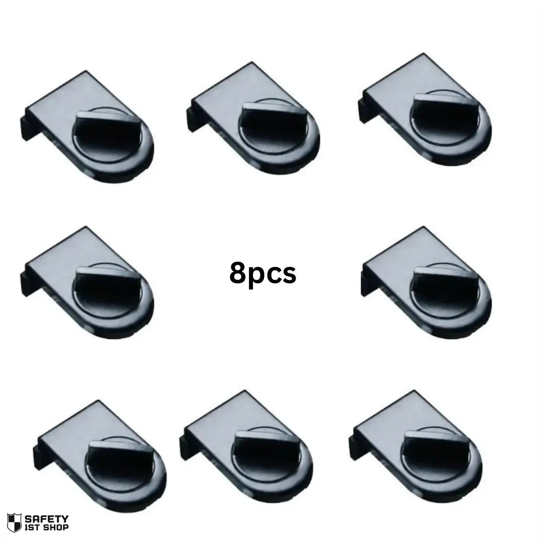 Eight-piece black window lock set designed for optimal child safety and window security. Ideal for homes with multiple windows, providing reliable protection for every room. Presented on a clean white background, offering a sleek, modern look.