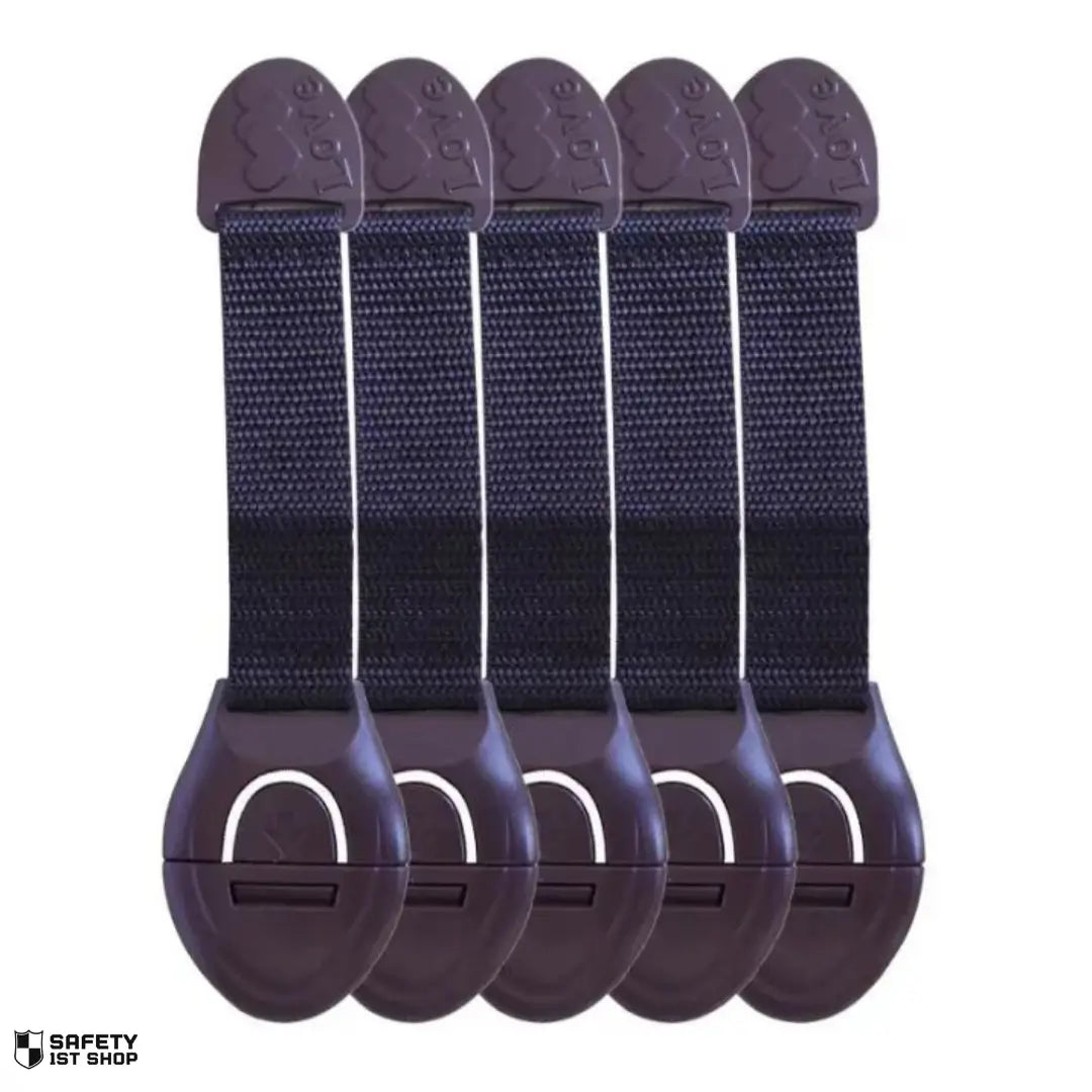 Set of 5 brown child safety locks for nursery furniture - secure babyproofing accessory