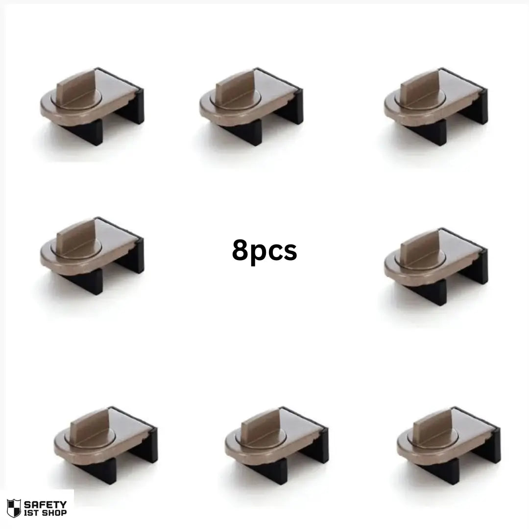 Eight-piece brown window lock set designed for enhanced child safety. Provides secure and reliable protection for multiple windows. A modern solution for homes that require comprehensive window security. Displayed on a clean white background to emphasize the sleek design.