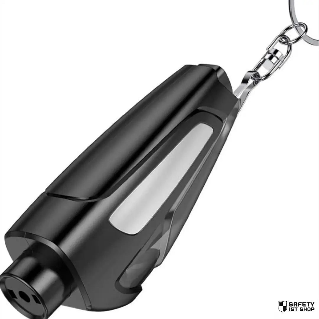 Black car escape tool close-up on white background, showcasing compact design with sleek and functional appearance.