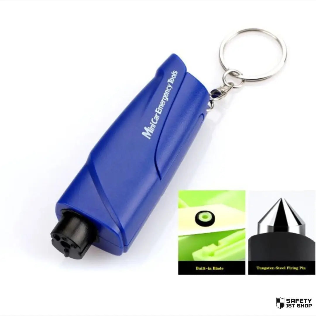 Blue car emergency tool in classic grip-style design shown close-up with inset images displaying blade and striking head features.