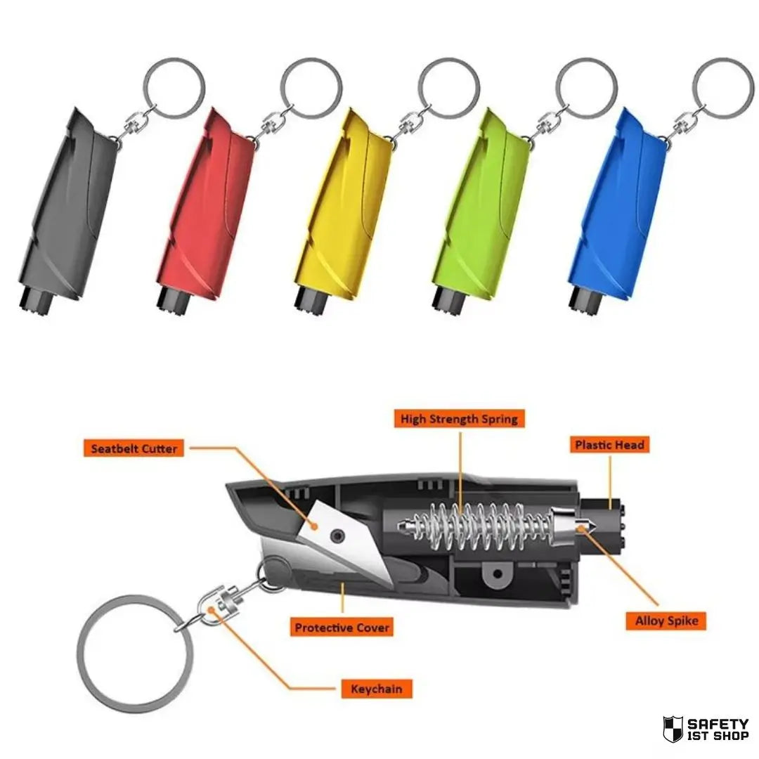 Car emergency escape tool in five color options with internal parts labeled in graphic: seatbelt cutter, spring, spike, cover, and keychain.