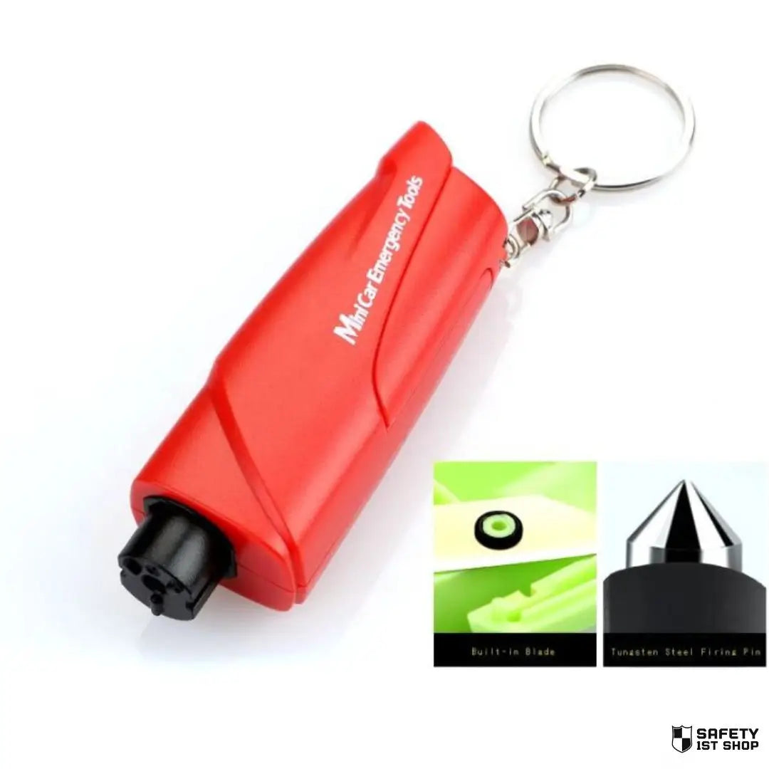 Red car emergency tool in classic grip-style design shown close-up with inset images highlighting blade and striking head functions.