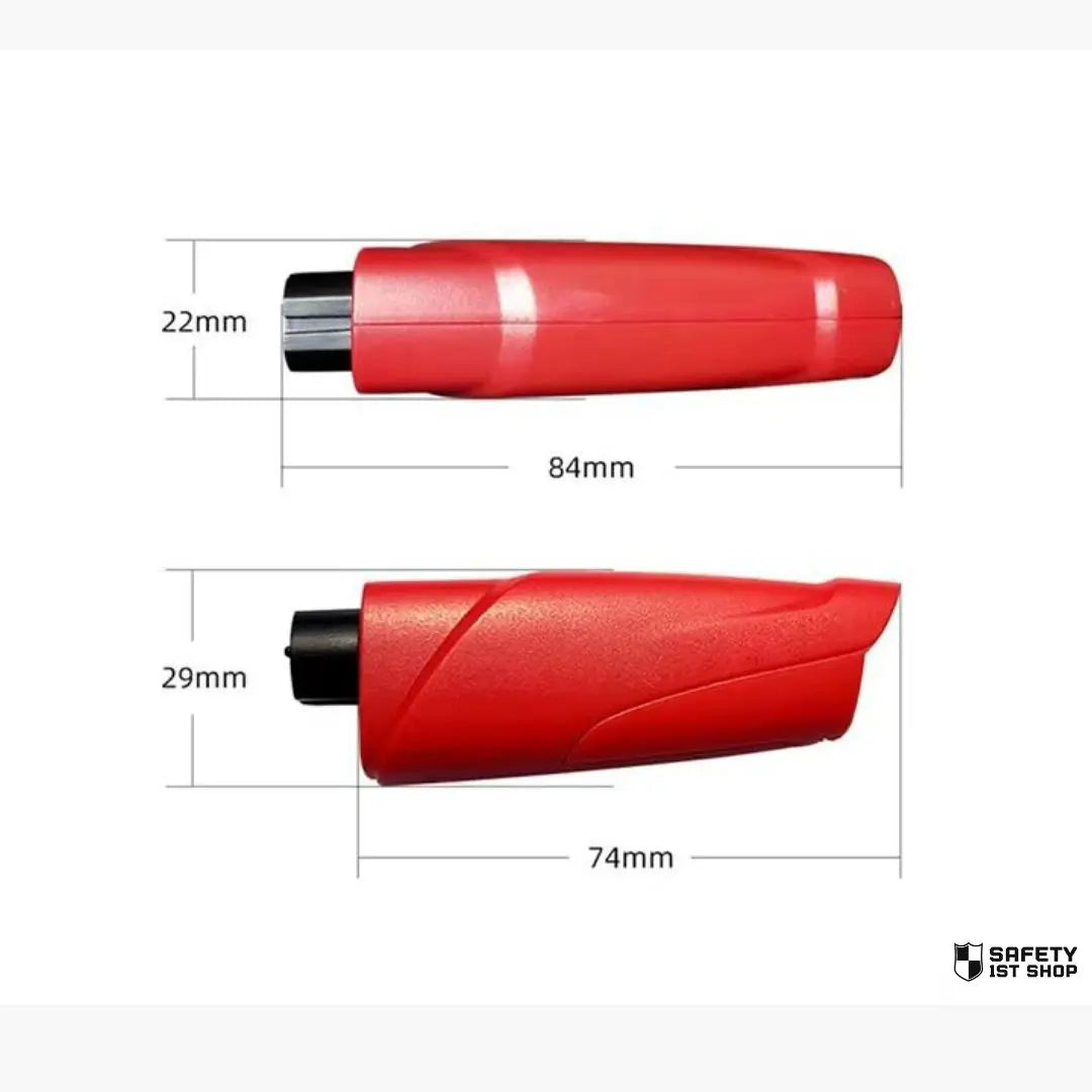 Red car emergency tool shown from top and side view with detailed size measurements on white background.
