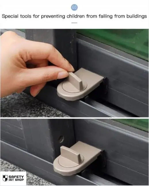 Demonstration of installing a childproof window lock to prevent children from falling. The brown lock is mounted on a black window frame with clear instructional overlay.