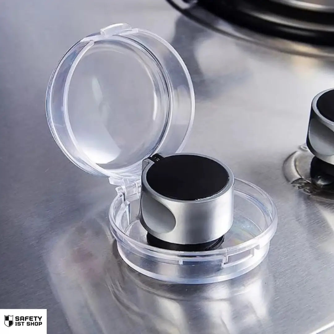 Close-up of clear safety knob cover on silver surface – refined product detail