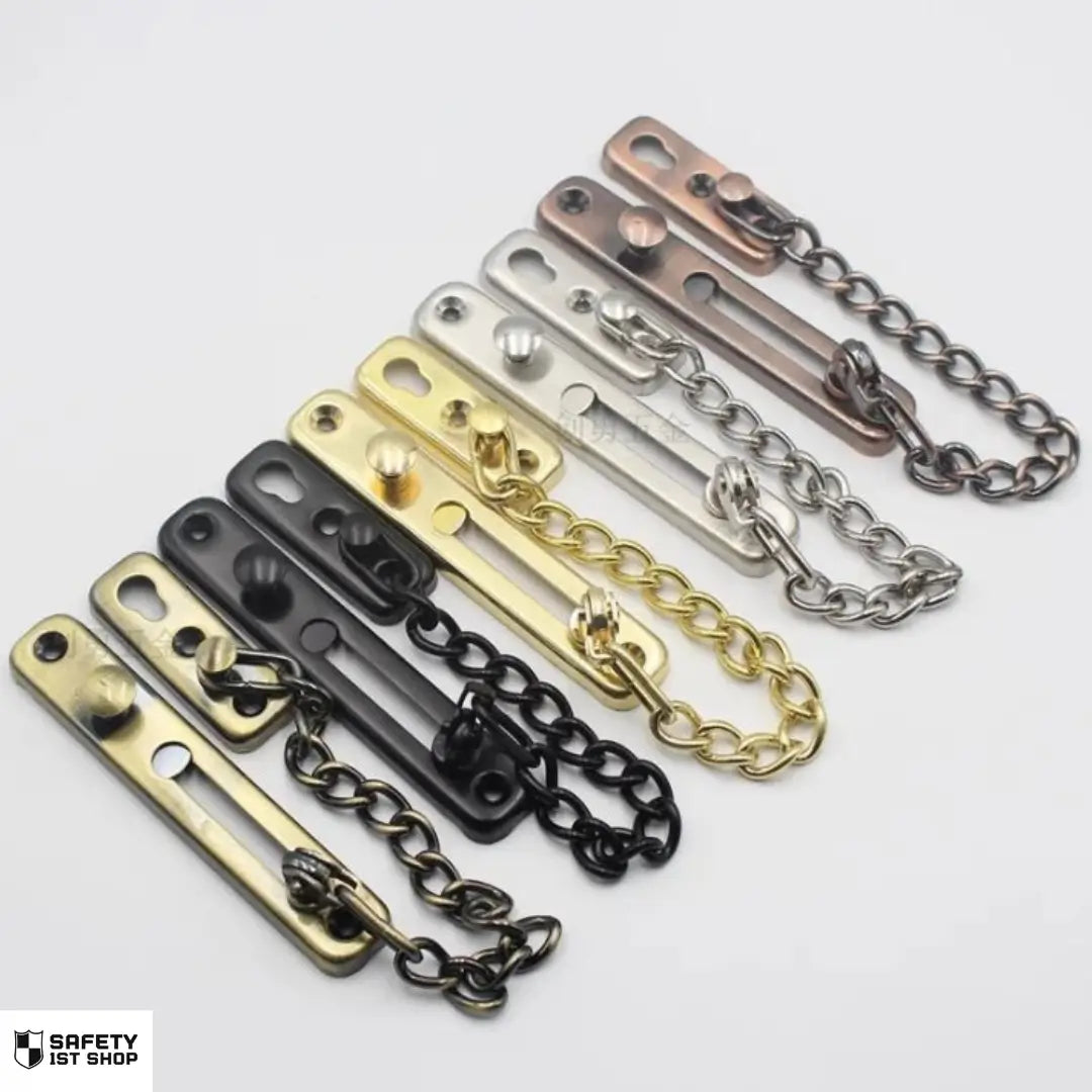 Presentation of five colored stainless steel door chain locks displayed in a row on white background