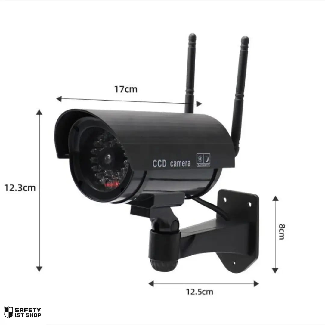 Dimensions of black dummy camera on white background for product information