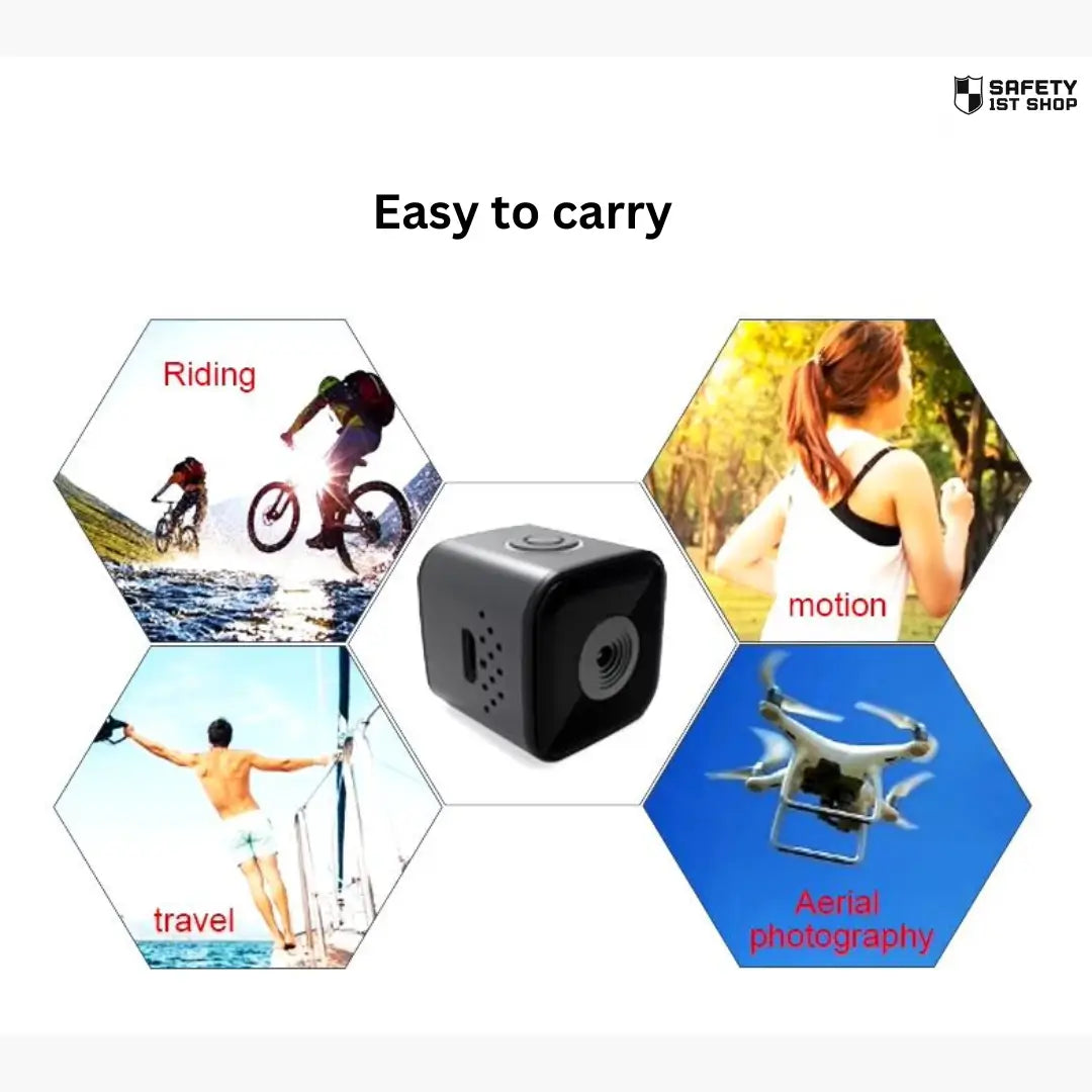 Compact mini action camera with waterproof design, ideal for travel, biking, drone photography, and motion recording, presented across four lifestyle scenes on white background