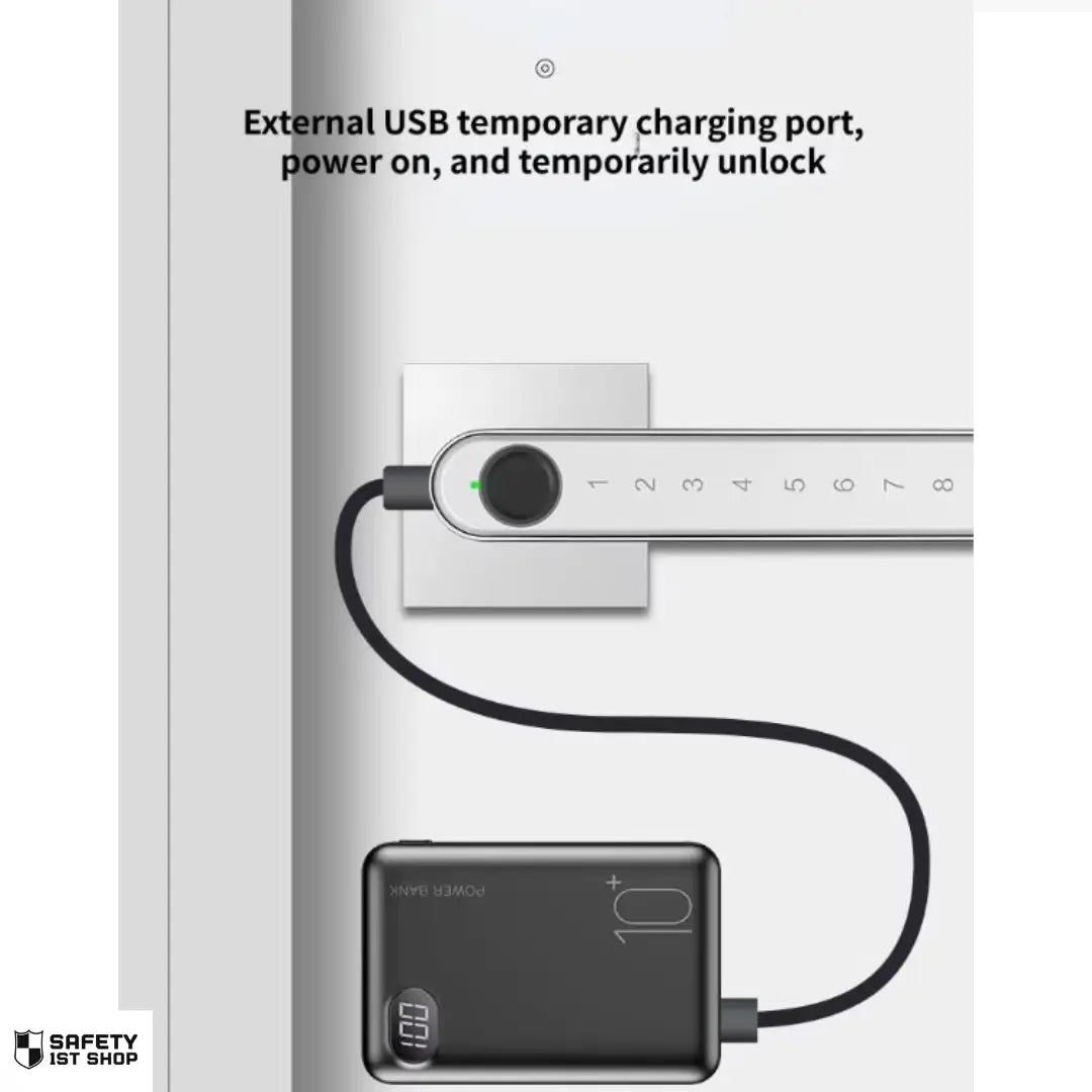 Smart lock connected to power bank via USB for emergency unlocking and temporary power