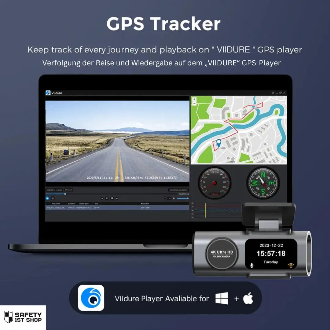 Dash cam with integrated GPS tracker showing live route mapping and detailed journey playback on Viidure player for a complete travel overview