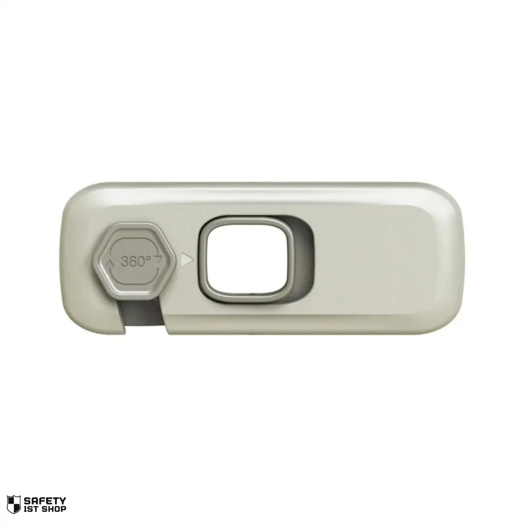 Single grey child safety lock on white background – minimalist product photo for babyproofing solution