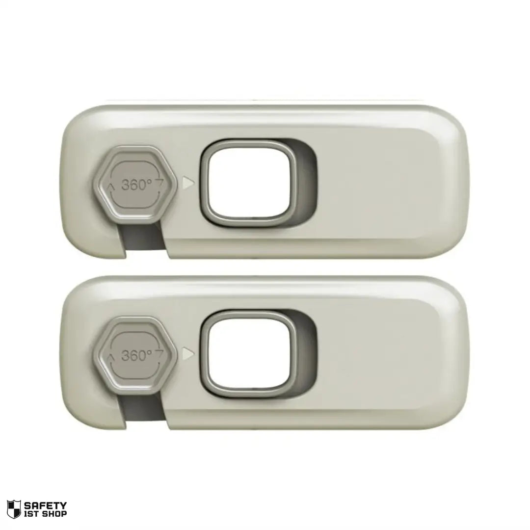 Set of two grey child safety locks on white background – minimal babyproofing product display