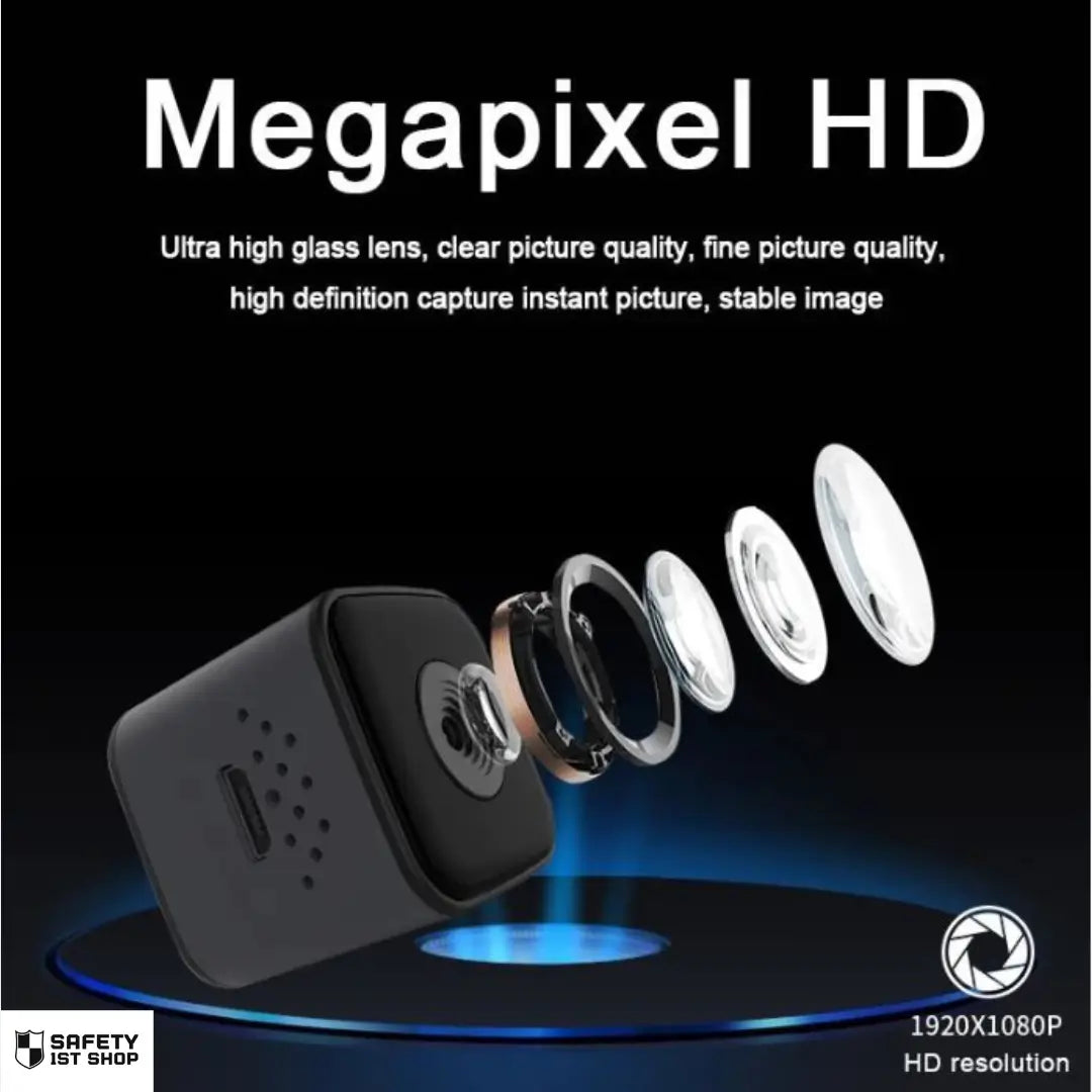 HD megapixel mini action camera showcased with ultra high-definition glass lens, clear image capture, and futuristic lighting in a black high-tech environment