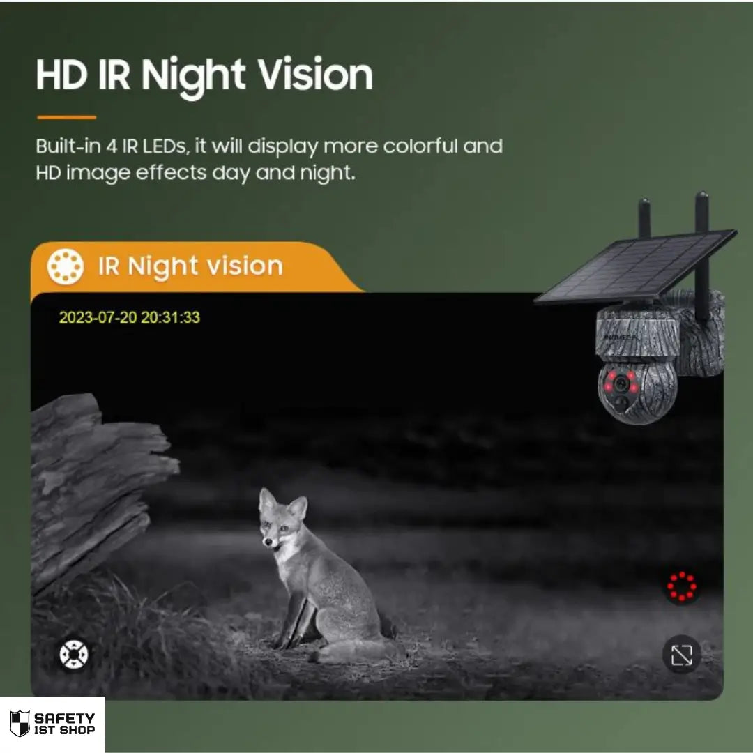 Nighttime wildlife surveillance image captured by IR camera. A fox stands on a field and looks into the lens, illuminated by four red infrared LEDs for HD black-and-white night vision.
