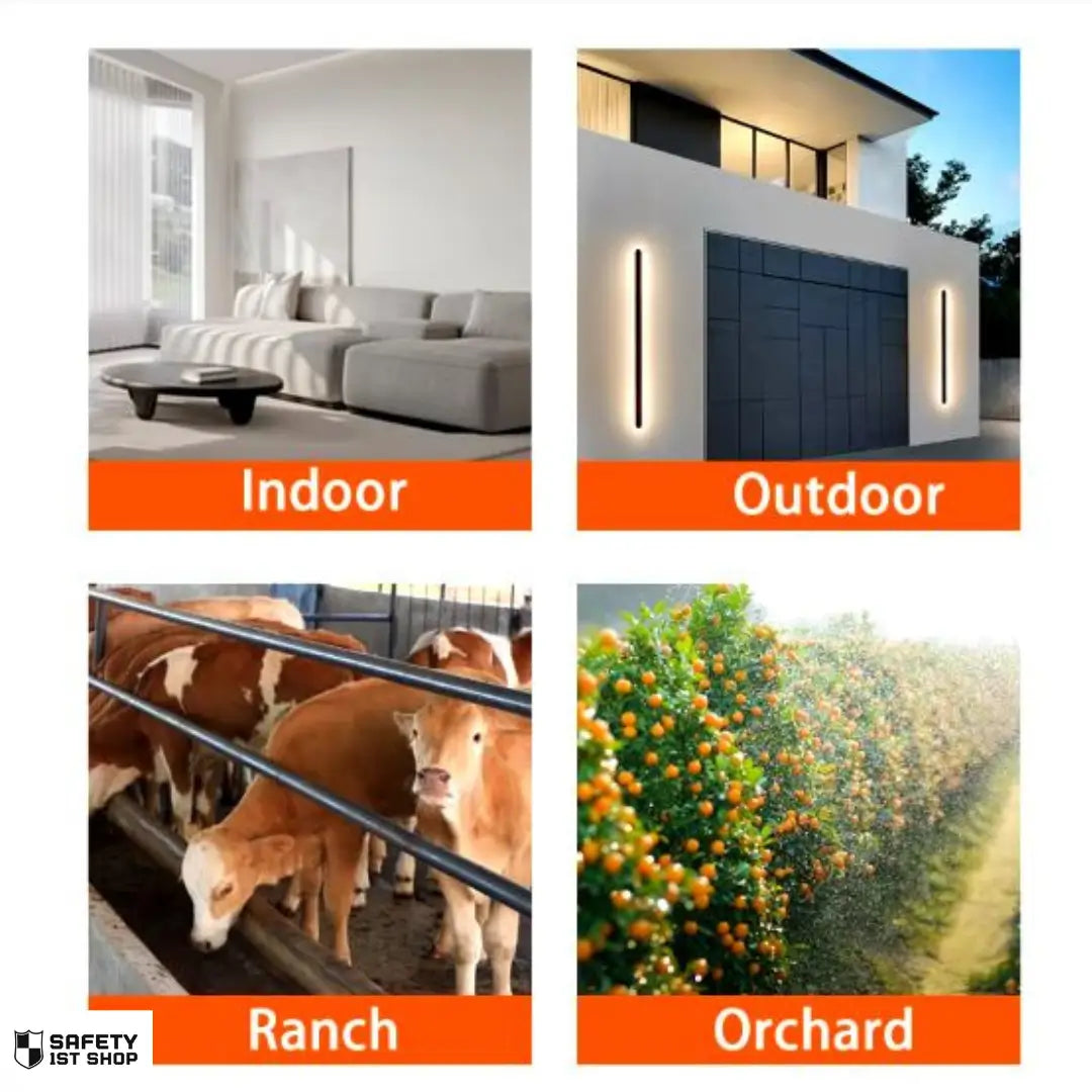 Indoor and outdoor installation examples for dummy security camera, with ranch and orchard settings for placement