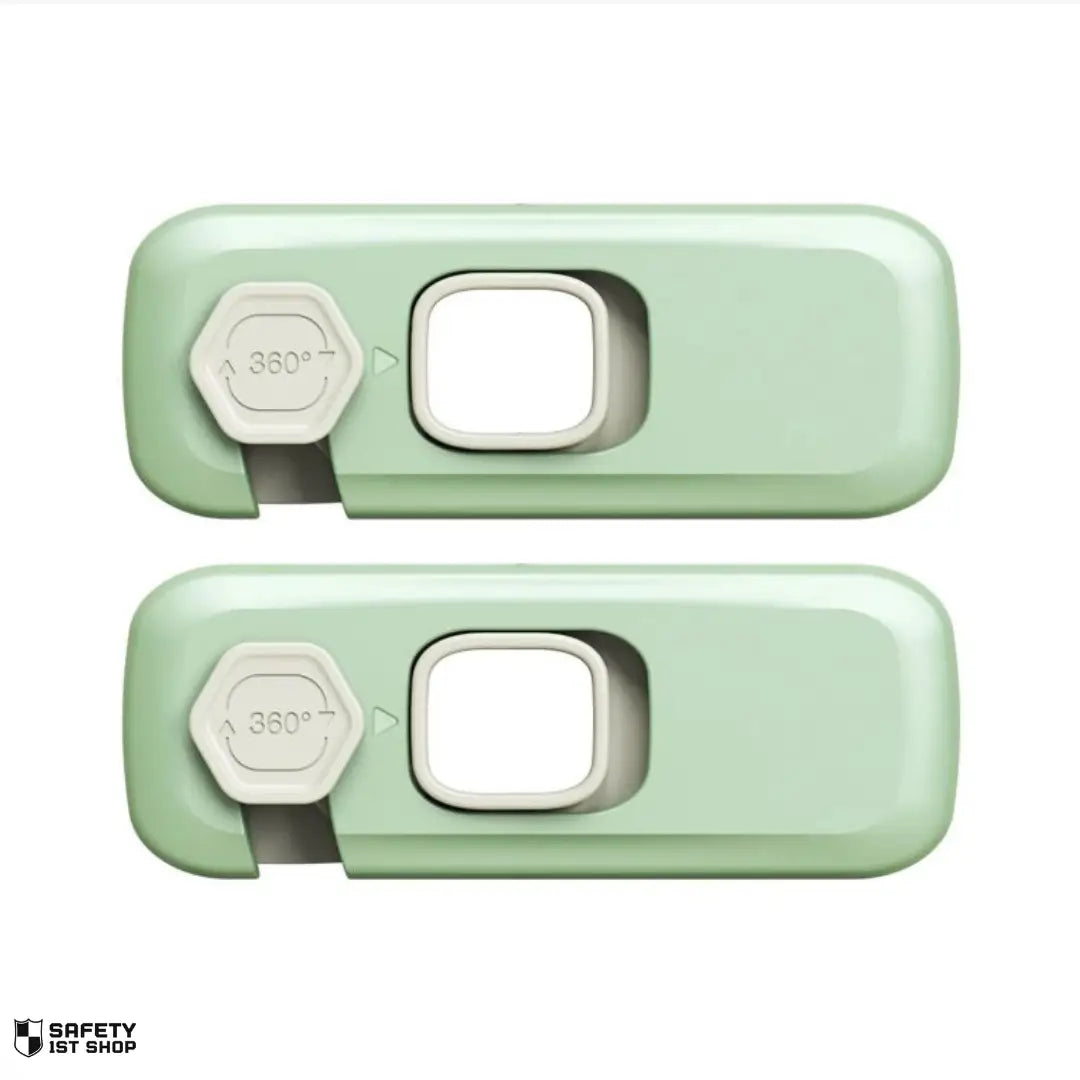 Set of two light green child safety locks on white background – clean product display