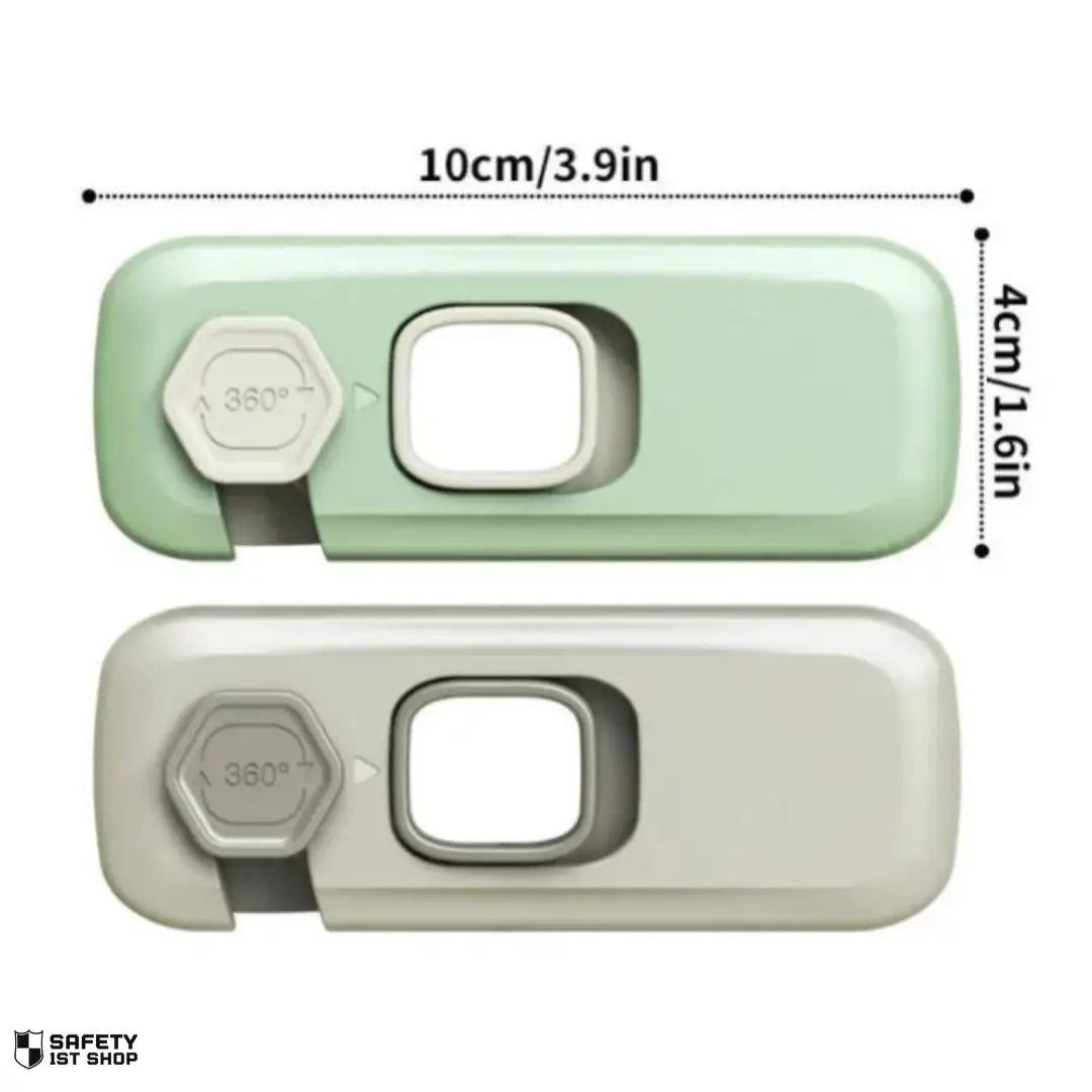 Light green and grey child safety locks with dimensions on white background – product information image