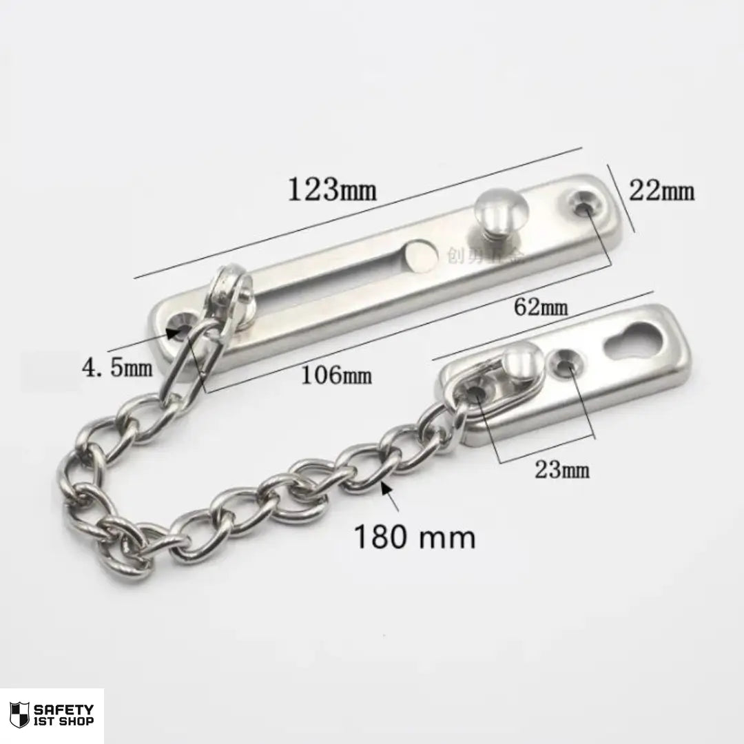 Detailed view of silver door chain lock with size measurements, showcasing secure fit and durable design for entry protection