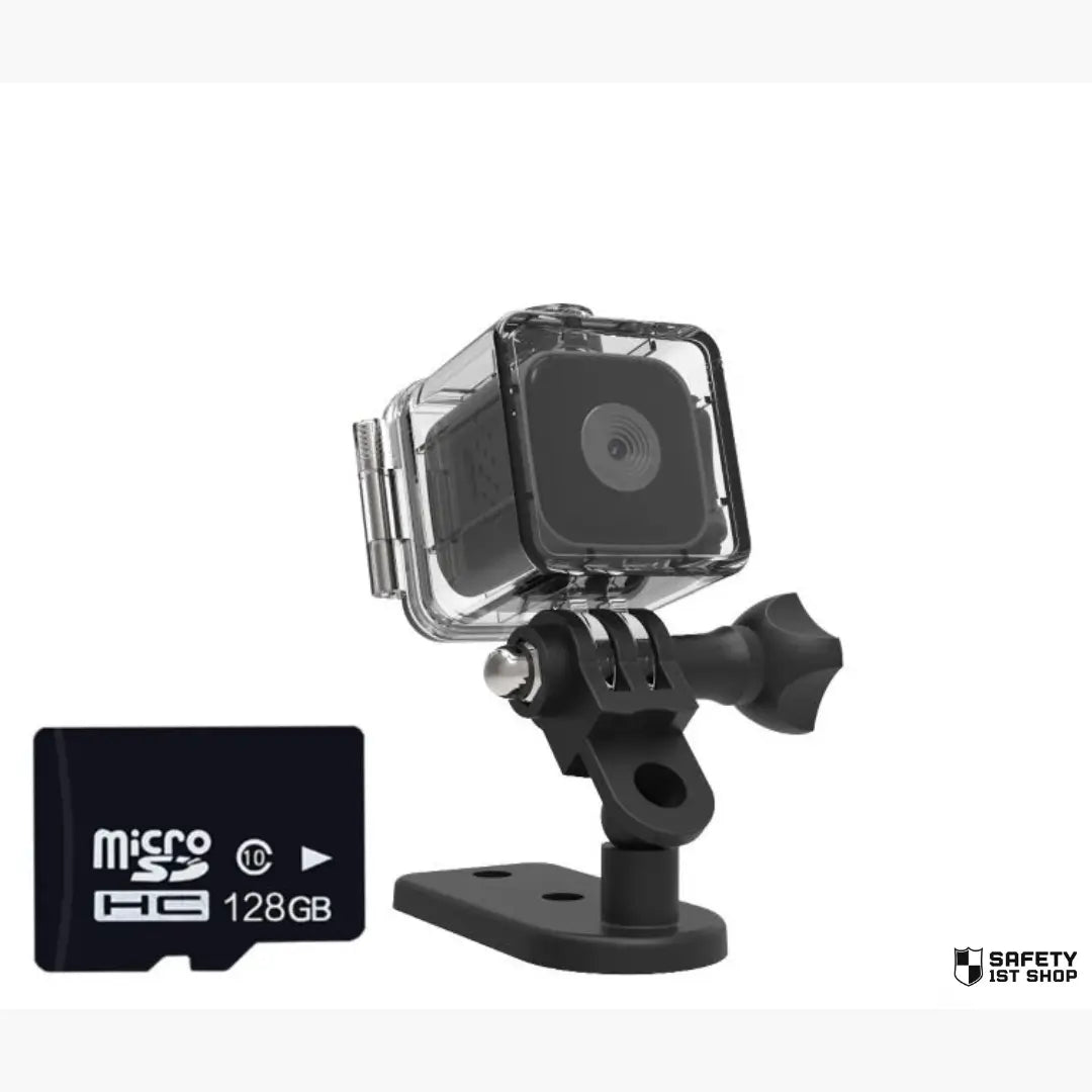 Black waterproof mini action camera with a 128GB SD card in its protective case, set against a white background