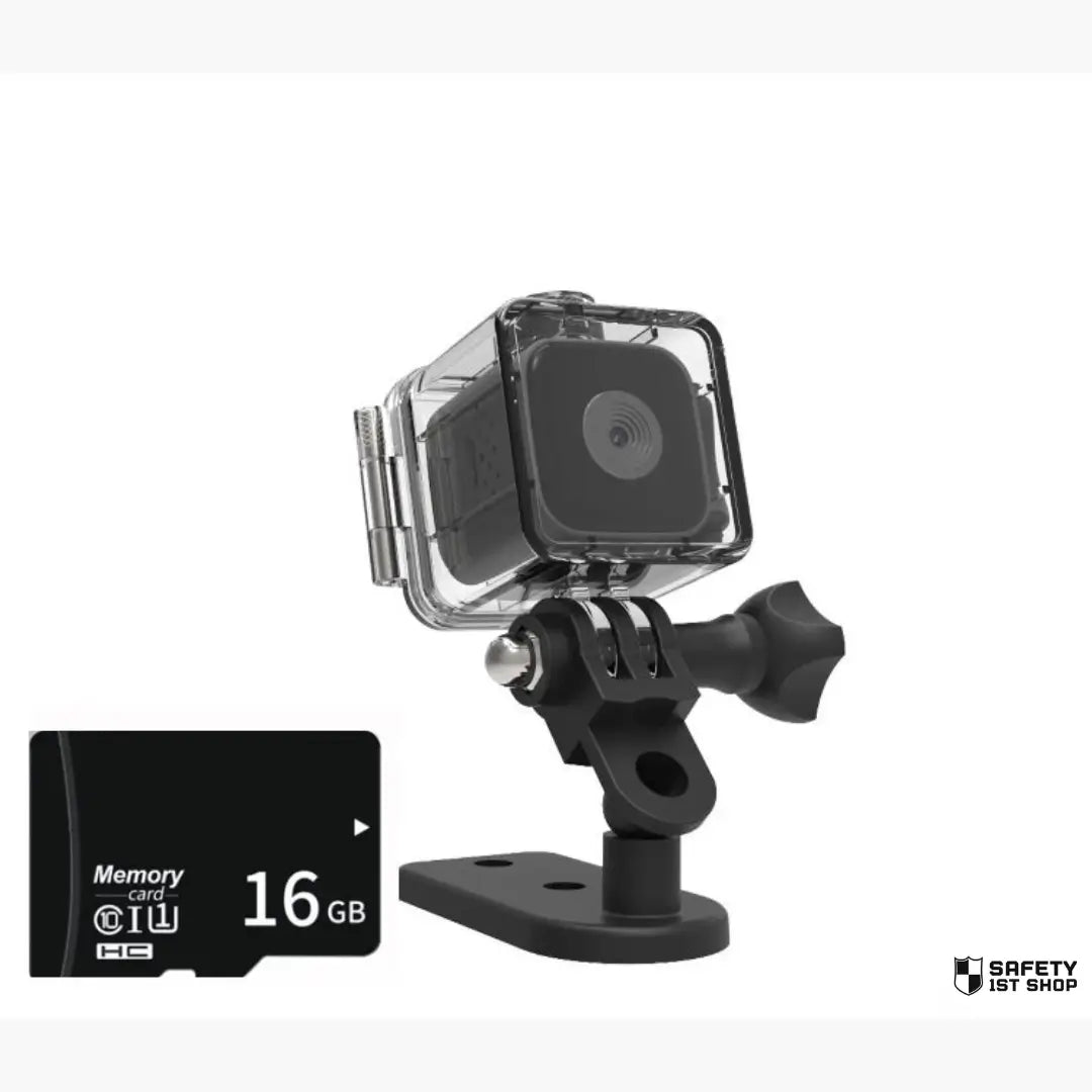 Black waterproof mini action camera showcased in its protective case with a 16GB SD card, displayed on a clean white background