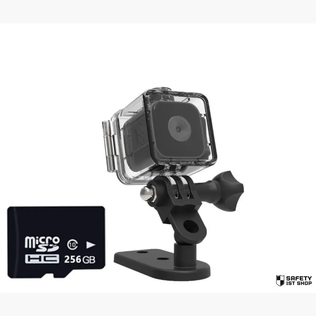 Black waterproof mini action camera with a 256GB SD card in its protective case, set against a white background