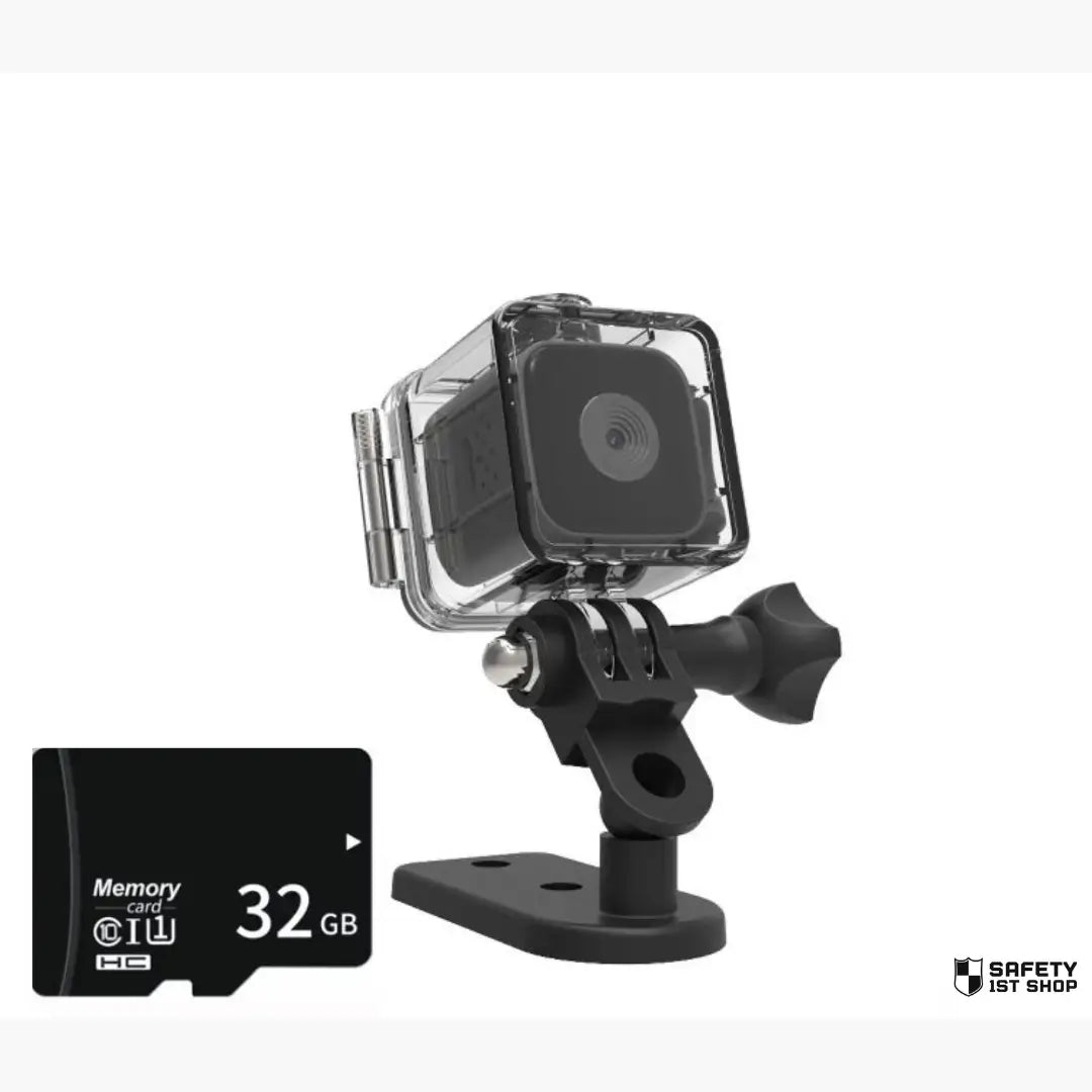 Black waterproof mini action camera in its protective case with a 32GB SD card, displayed against a clean white background