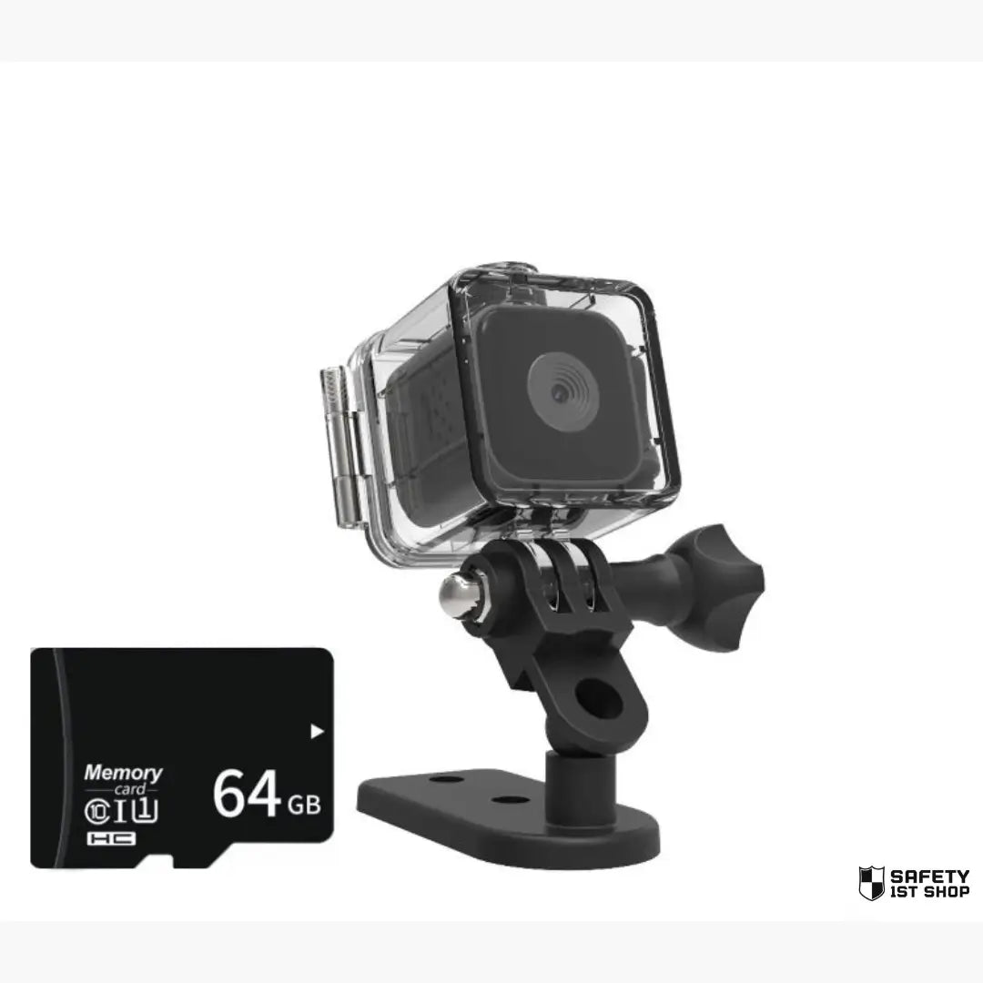 Black waterproof mini action camera in its protective case with a 64GB SD card, displayed against a clean white background