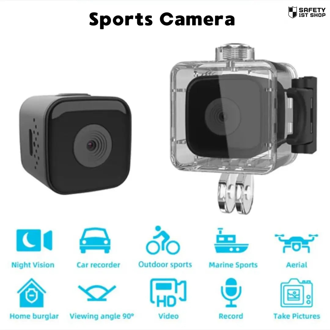 Black mini action camera with and without waterproof case on white background, showcasing features like night vision, car recorder, outdoor and marine sports, aerial use, home security, 90-degree viewing angle, HD recording, and photo capture.